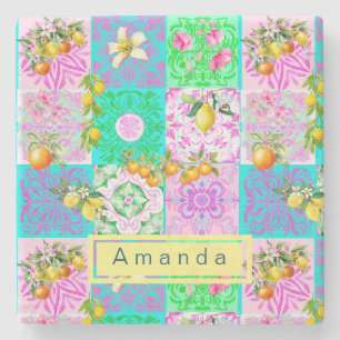 Chic pink sicilian citrus collage floral tiles stone coaster