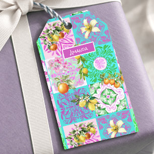Chic Pink Sicilian Citrus Floral Tile Collage Gift Tags
