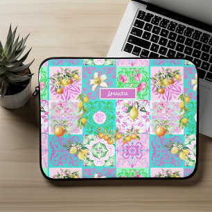 Chic Pink Sicilian Citrus Floral Tile Collage Laptop Sleeve