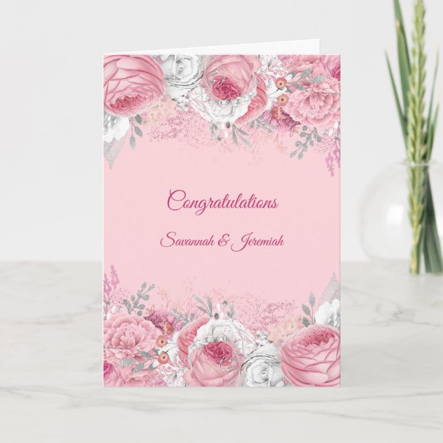 Chic Pink Silver Floral Congratulations Wedding Card (Front)