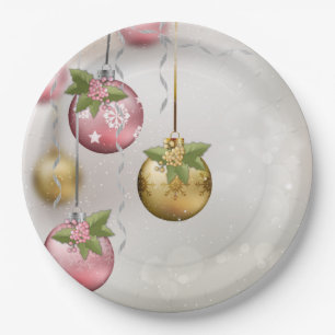 Chic Pink Silver Gold Ornaments Holly Glow Paper Plate