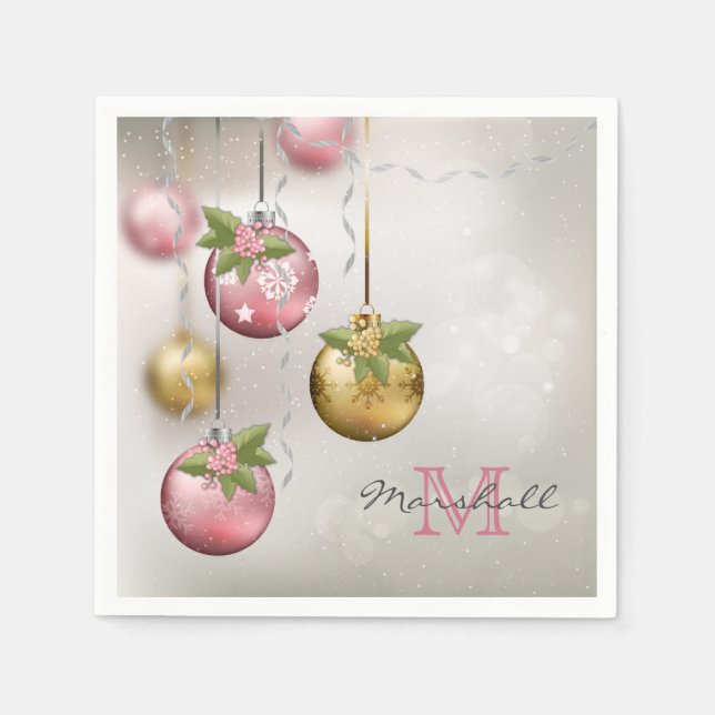 Chic Pink Silver Gold Ornaments Monogram Napkin (Front)