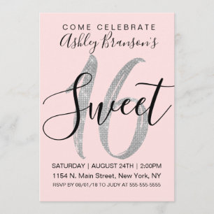 Chic Pink Silver Sequin Glitter Sweet 16 Invitation