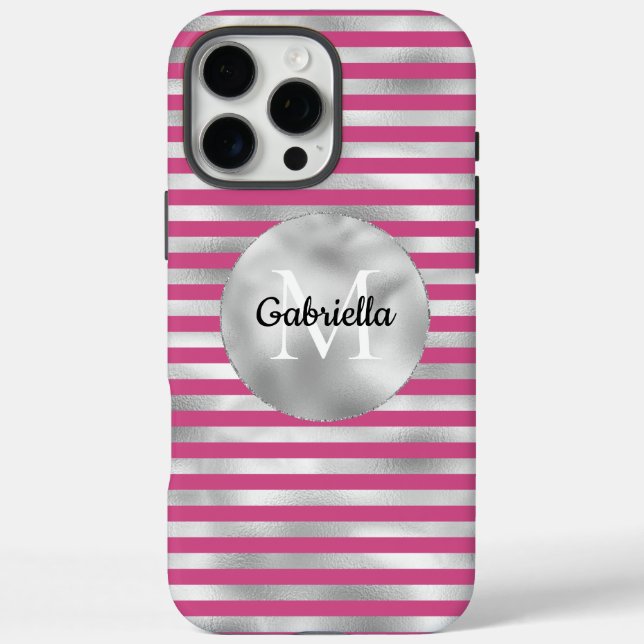 Chic Pink Silver Stripes Monogram Case-Mate iPhone Case (Back)