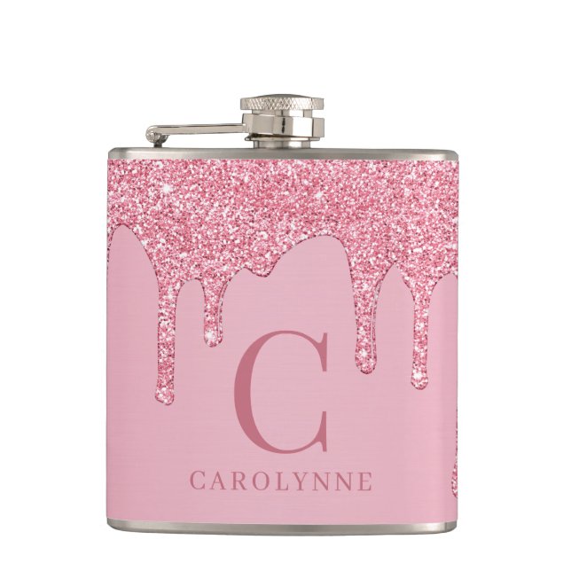 Chic Pink Sparkle Glitter Drips Monogram Hip Flask (Front)