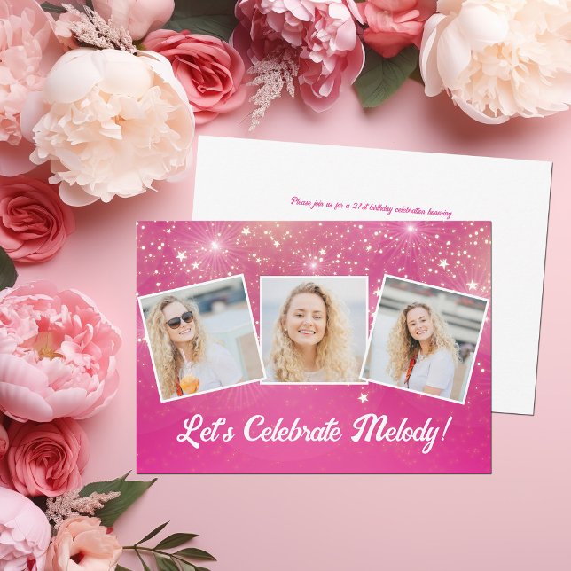 Chic Pink Sparkle Photo Collage Birthday Party Invitation (Creator Uploaded)