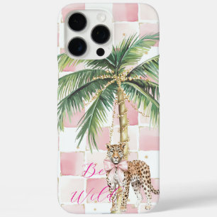 Chic Pink Squares Gold Palm Tree Leopard iPhone 16 Pro Max Case