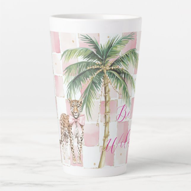 Chic Pink Squares Gold Palm Tree Leopard Latte Mug (Front)