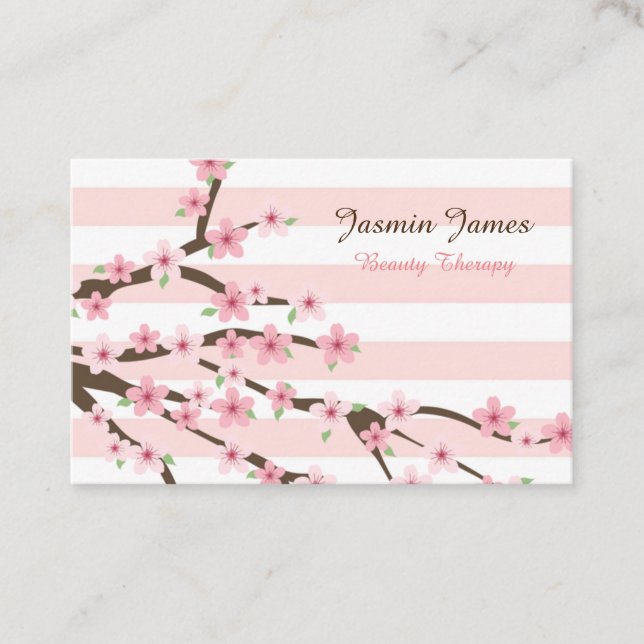 Chic, Pink Striped Cherry Blossom Flower Pattern Business Card (Front)