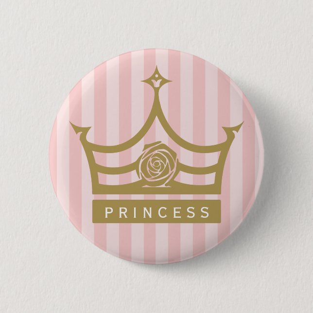 Chic Pink Stripes and Gold Rose Princess Crown 2 Inch Round Button (Front)