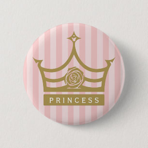 Chic Pink Stripes and Gold Rose Princess Crown 2 Inch Round Button