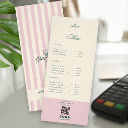 Chic Pink Stripes Green Bakery Logo QR Price Rack Card