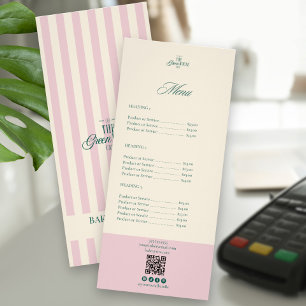 Chic Pink Stripes Green Bakery Logo QR Price Rack Card