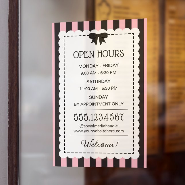 Chic Pink Stripes Scalloped Edges Open Hours Window Cling (Creator Uploaded)