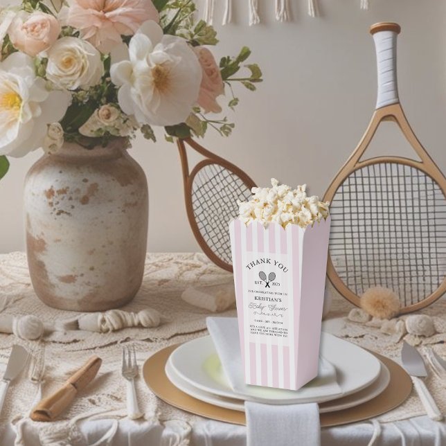 Chic Pink Stripes Tennis Thank You Baby Shower Favor Box (elegant pink stripes popcorn favor boxes for tennis theme baby shower at chic country club events)