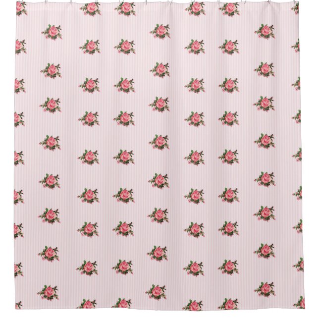 Chic Pink Tea Roses and Stripes Shower Curtain (Front)