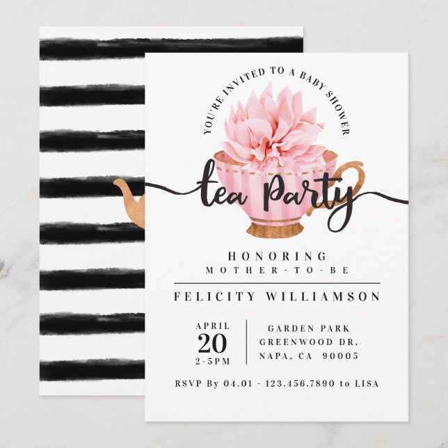 Chic Pink Teacup Tea Party Baby shower Invitation (Devant / Derrière)