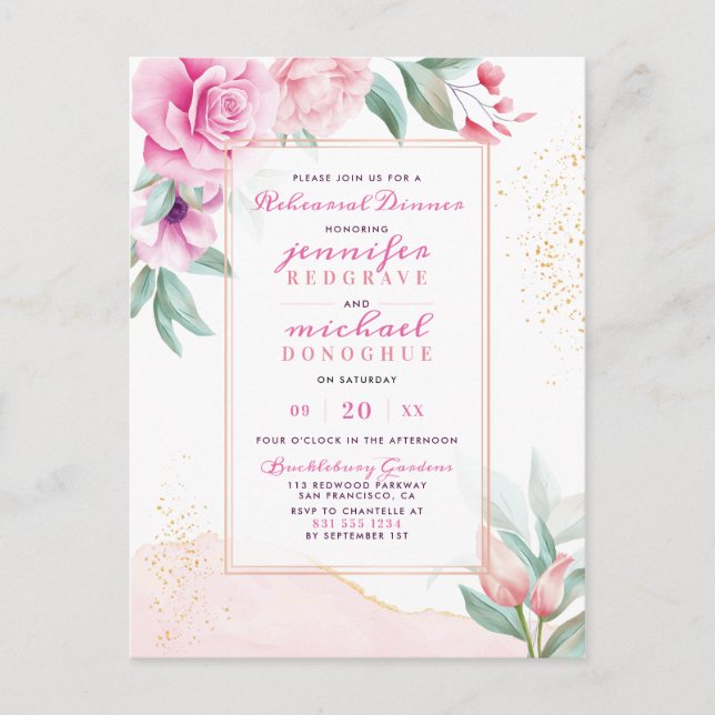 Chic Pink Trendy Roses Botanical Rehearsal Dinner Invitation Postcard (Front)