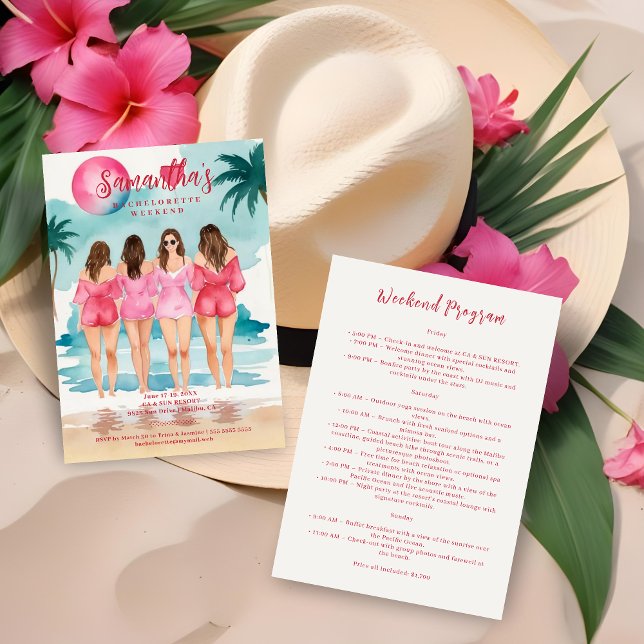 Chic Pink Tropical Landscape Brunettes Girl Invitation (Chic Pink & Blue Shades Tropical Landscape Brunettes Girls Bachelorette Weekend Invitations Cards. )