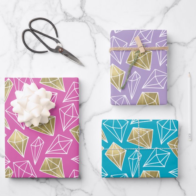 Chic Pink Turquoise Purple Gold Diamonds Birthday Wrapping Paper Sheet (Front)