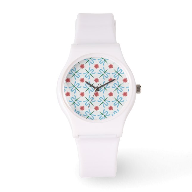 Chic Pink Water Lilies and Dragonflies Wristwatch (Front)