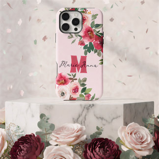 Chic Pink Watercolor Burgundy Floral Custom Name iPhone 16 Pro Max Case