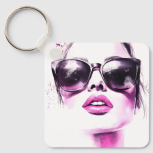 Chic Pink Watercolor Fashion Woman Sunglasses Keychain