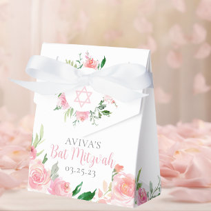 Chic Pink Watercolor Floral Bat Mitzvah Party Favor Box