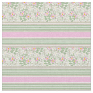 Chic Pink White Dog Roses on Taupe Striped Fabric