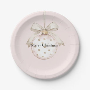 Chic Pink White Dots Bow Ornament Christmas Paper Plate