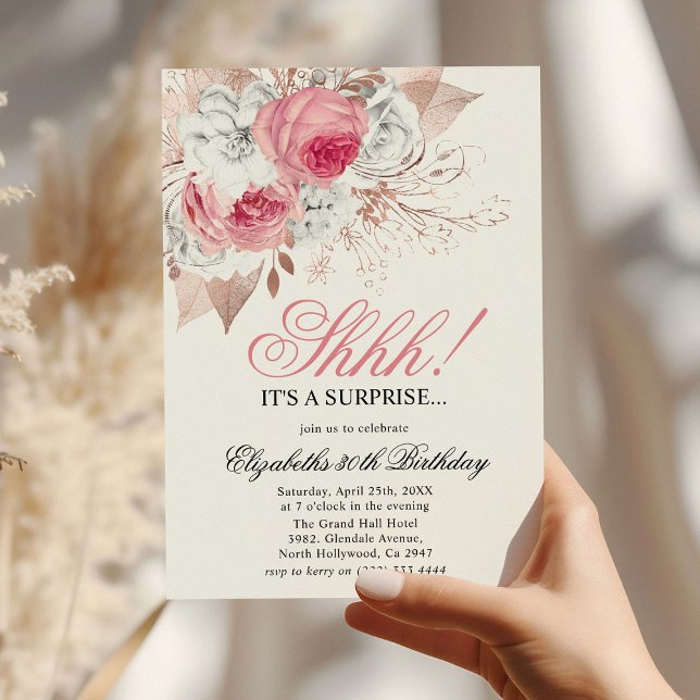 Chic Pink & White Floral Surprise Birthday Party Invitation (Creator Uploaded)