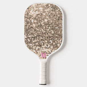 Chic Pink White Glittery Sparkles Modern Monogram Pickleball Paddle