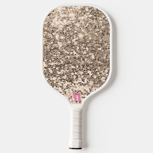 Chic Pink White Glittery Sparkles Modern Monogram Pickleball Paddle (Back)