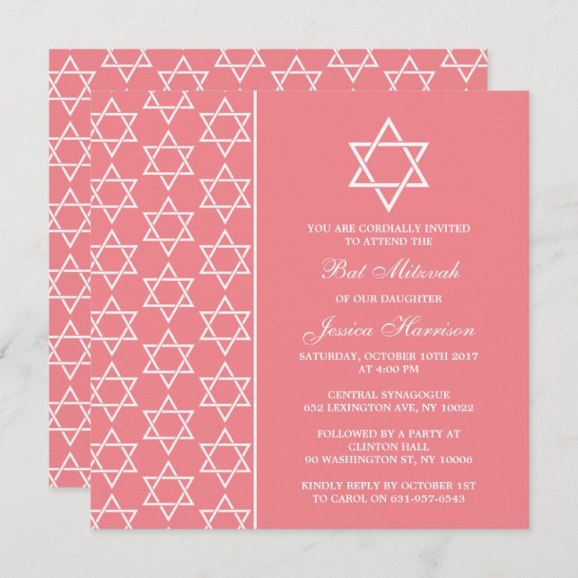 Chic Pink & White Jewish Star Of David Bat Mitzvah Invitation (Front/Back)