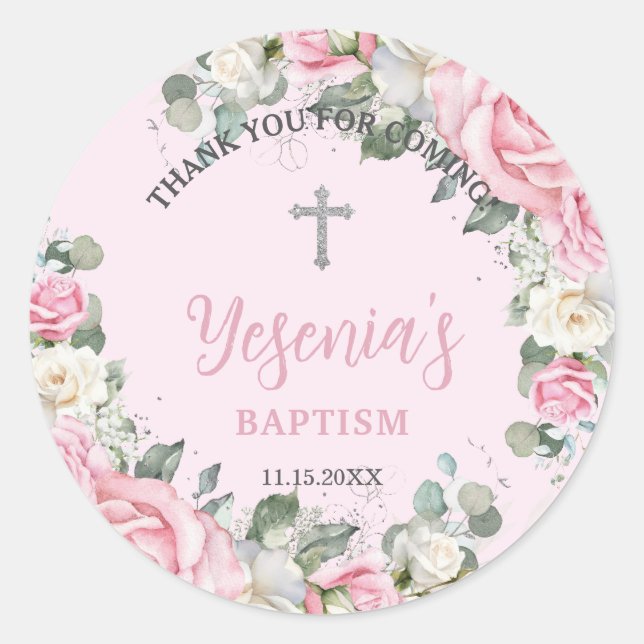 Chic Pink White Roses Floral Baptism Christening Classic Round Sticker (Front)