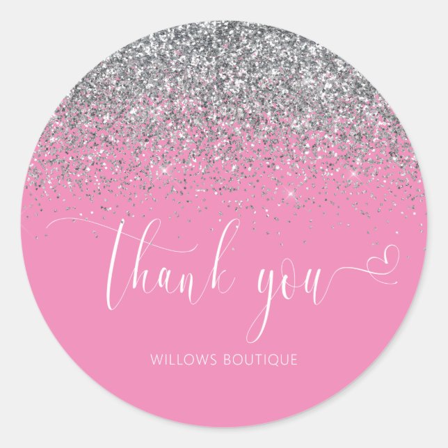 Chic Pink White Silver Glitter Thank You Classic Round Sticker (Front)