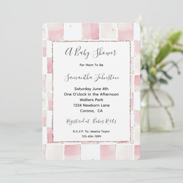 Chic Pink White Squares Baby Shower Invitation (Standing Front)