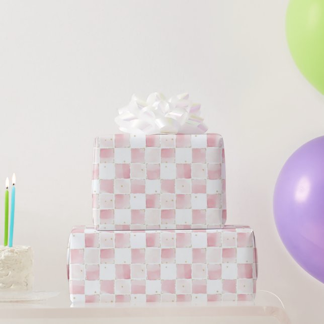 Chic Pink White Squares Birthday Wrapping Paper (Party Gifts)
