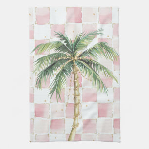Chic Pink White Squares Gold Palm Tree  Kitchen Towel