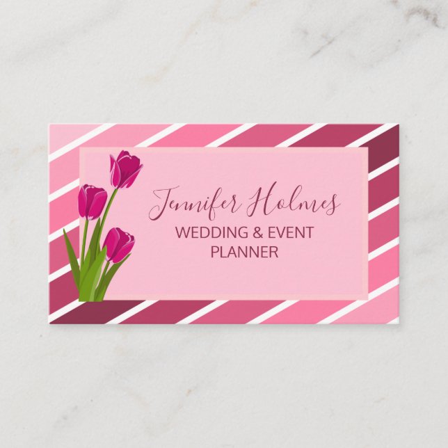 Chic Pink White Stripes Tulip Floral Business Card (Front)