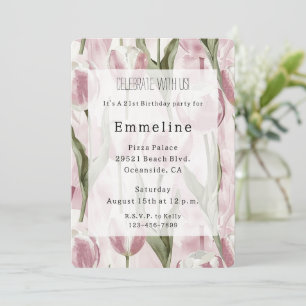 Chic Pink White Tulip Flowers Birthday Invitation