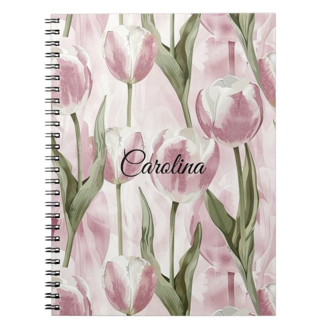 Chic Pink White Tulip Flowers  Notebook (Front)