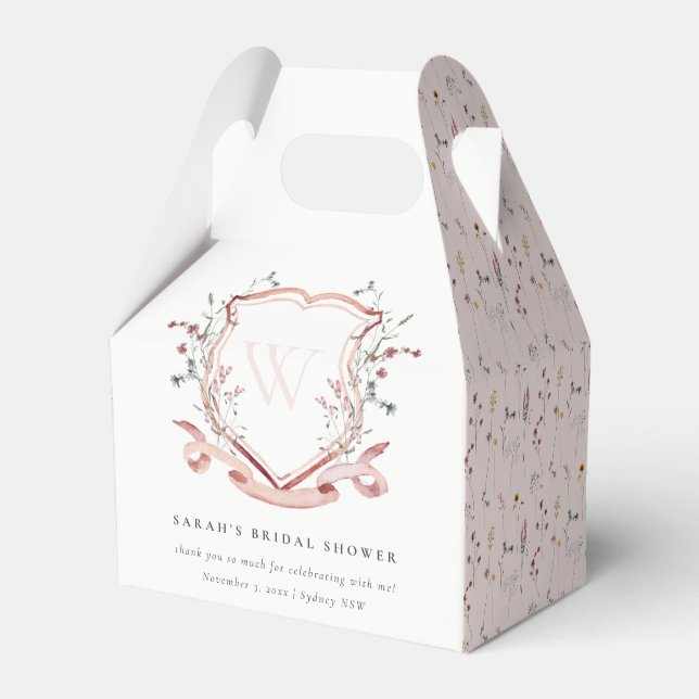 Chic Pink Wildflower Monogram Crest Bridal Shower Favor Box (Front Side)