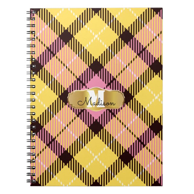 Chic Pink Yellow Tartan Gold Monogram Script Name Notebook (Front)