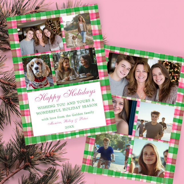 Chic Plaid Christmas Custom 9 Photo Collage Pink  Holiday Card (Chic Watercolor Plaid Christmas Custom 9 Photo Collage Pink Green Personalized Family Holiday Card
)