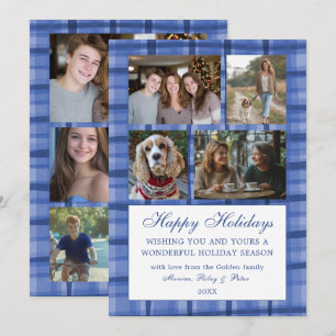 Chic Plaid HANUKKAH Custom 9 Photo Collage Blue Holiday Card