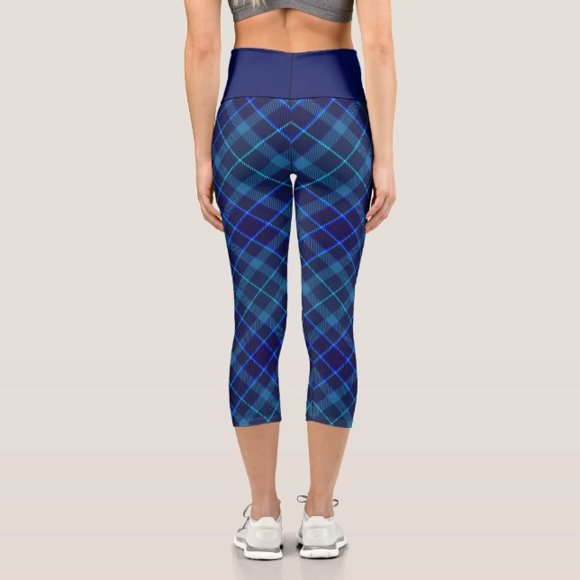 Chic Plaid Pattern - Navy and Blue Elegant Tartan Capri Leggings (Back)