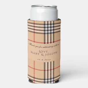 Chic Plaid Tan Wedding Customizable Text & Photo Seltzer Can Cooler