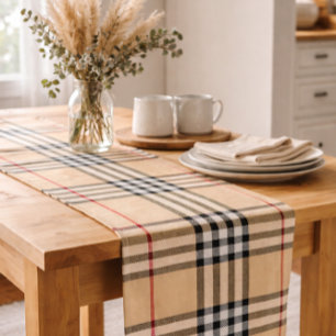 Chic Plaid Warm Tan Base White Black Brown Tartan Long Table Runner