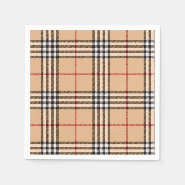 Chic Plaid Warm Tan Base White Black Brown Tartan Napkin (Front)